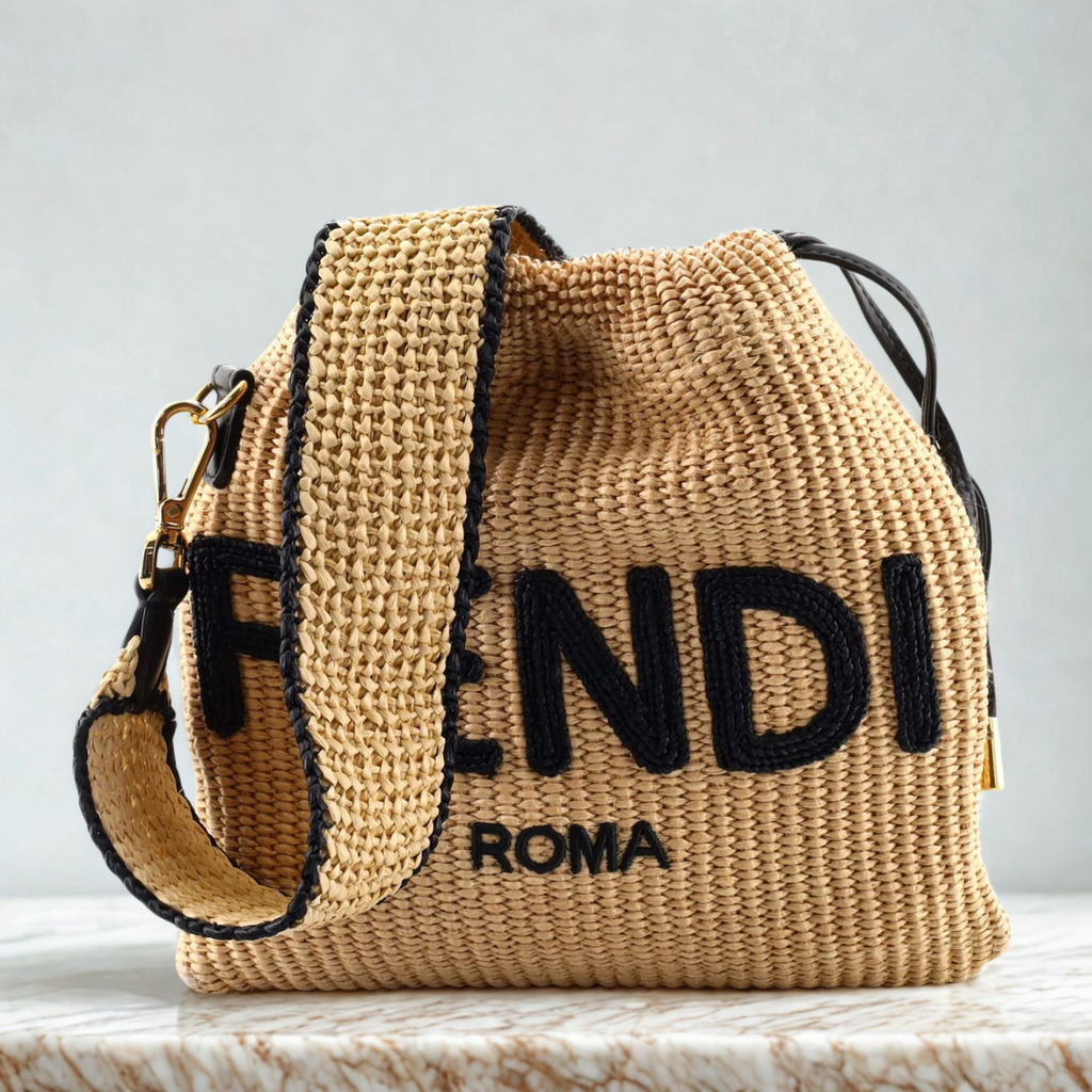 Fendi – Bolso pequeño de paja trenzada «Sack» en color beige